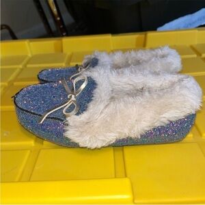 Sparkly Slippers with Faux Fur Trim